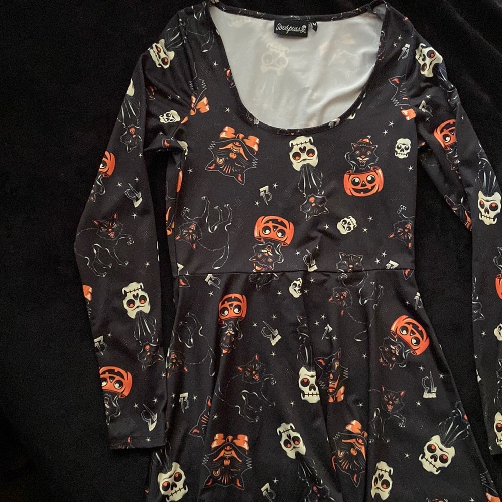 Women’s Sourpuss Halloween pumpkin skull dress skater medium black cat goth